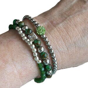 Rustic Cuff Stackable Stretch Bracelet Set Greens Silver